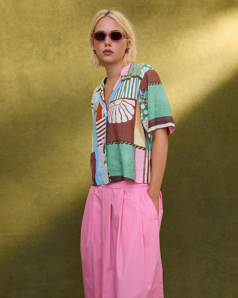 Patched Sun Print Short Sleeve Shirt