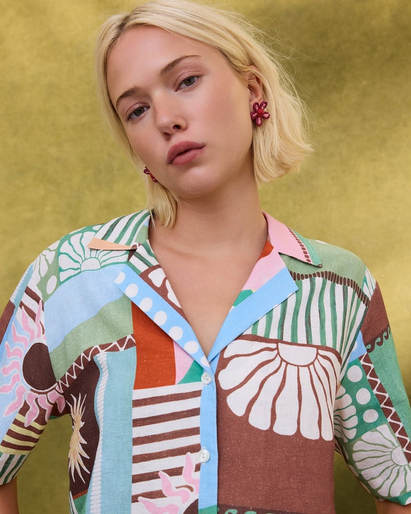 Patched Sun Print Short Sleeve Shirt