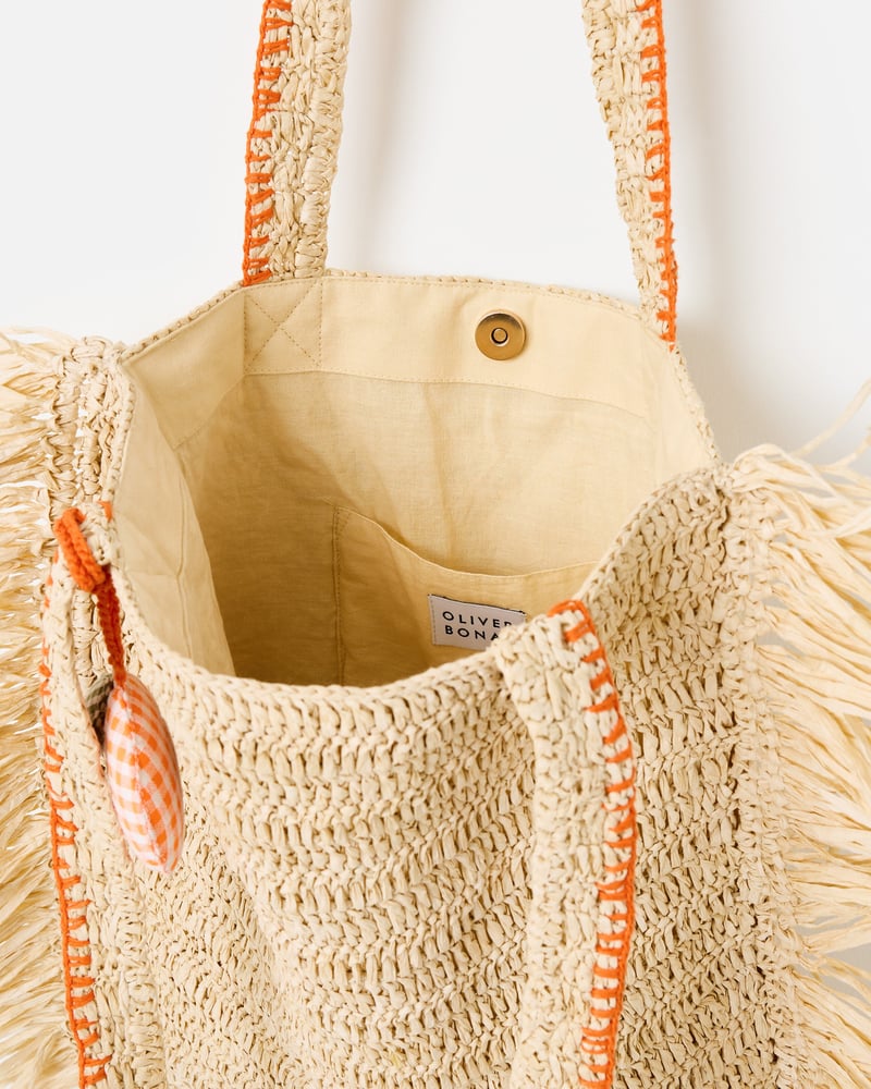 Cream Fringe Tote Bag with Orange Charm