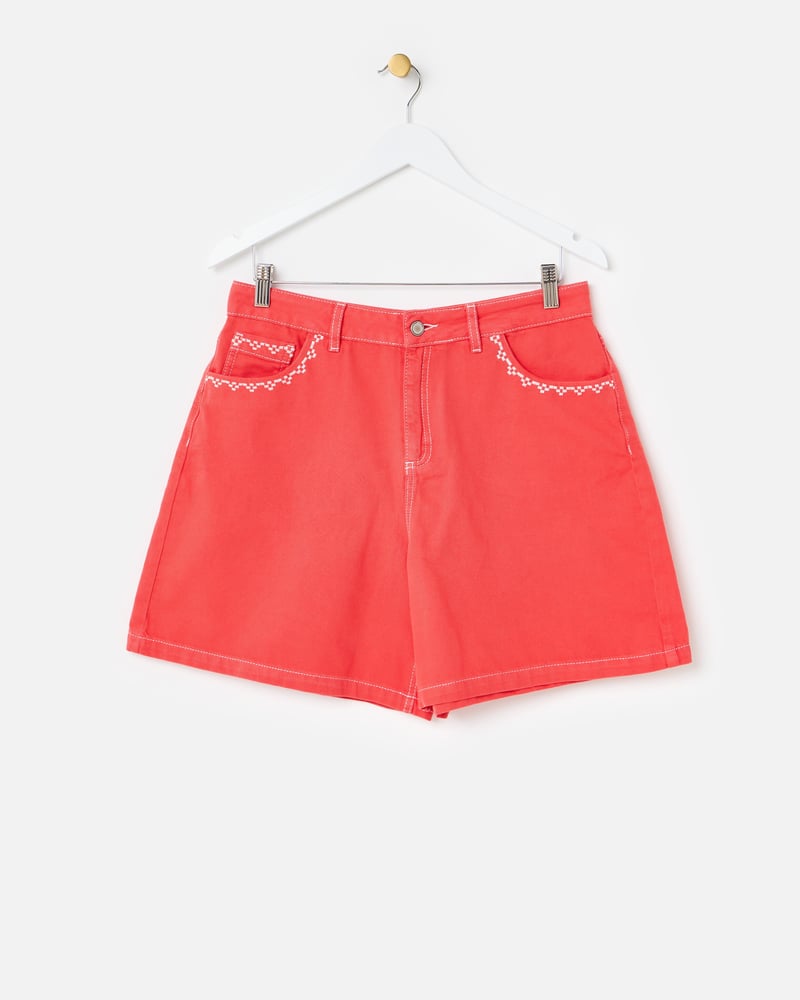 Red Embroidered Pocket Denim Shorts