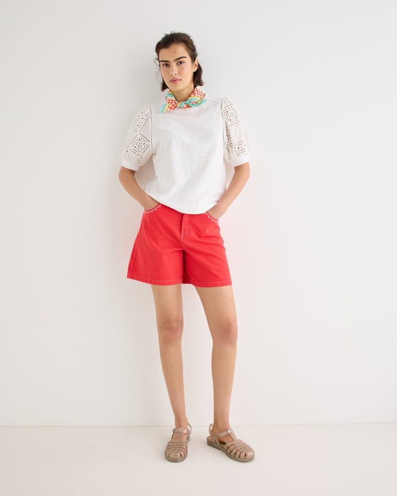Red Embroidered Pocket Denim Shorts