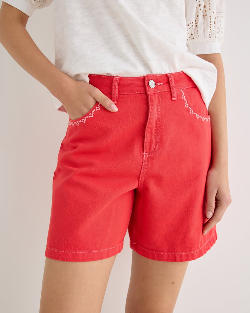 Red Embroidered Pocket Denim Shorts