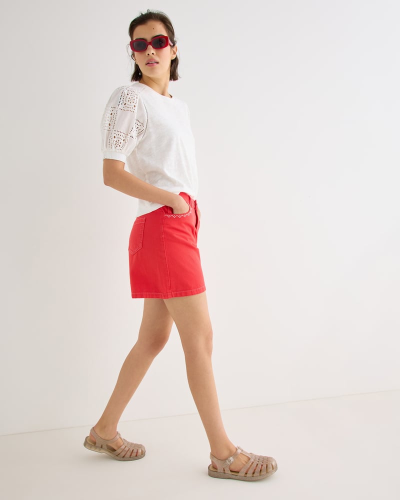 Red Embroidered Pocket Denim Shorts