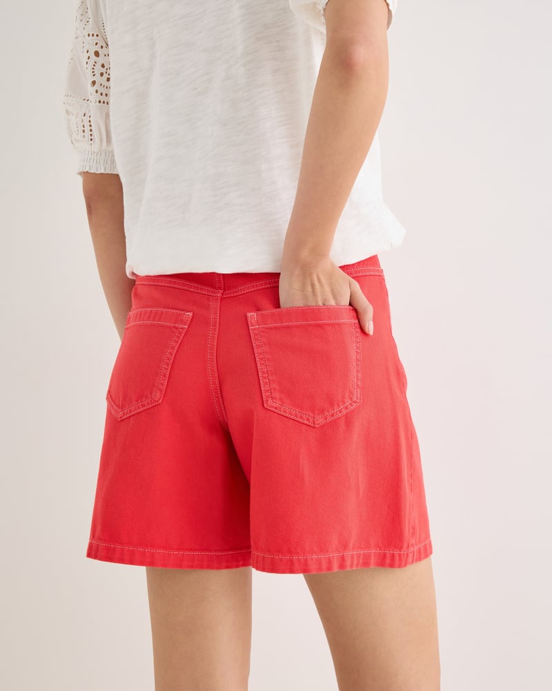 Red Embroidered Pocket Denim Shorts