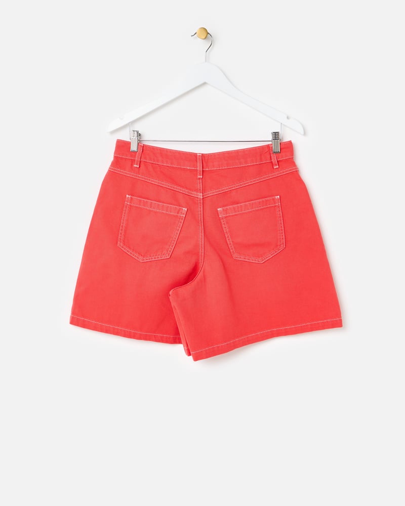 Red Embroidered Pocket Denim Shorts