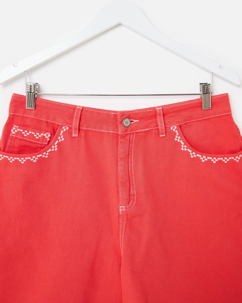Red Embroidered Pocket Denim Shorts