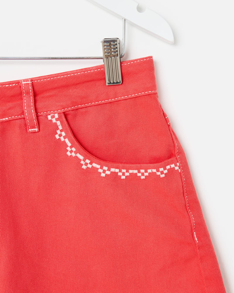Red Embroidered Pocket Denim Shorts