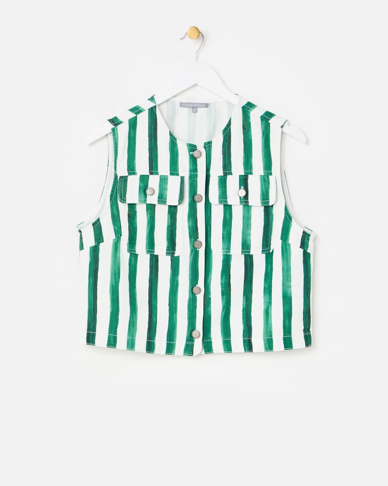 Green & White Striped Denim Waistcoat
