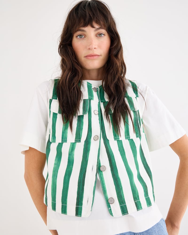 Green & White Striped Denim Waistcoat