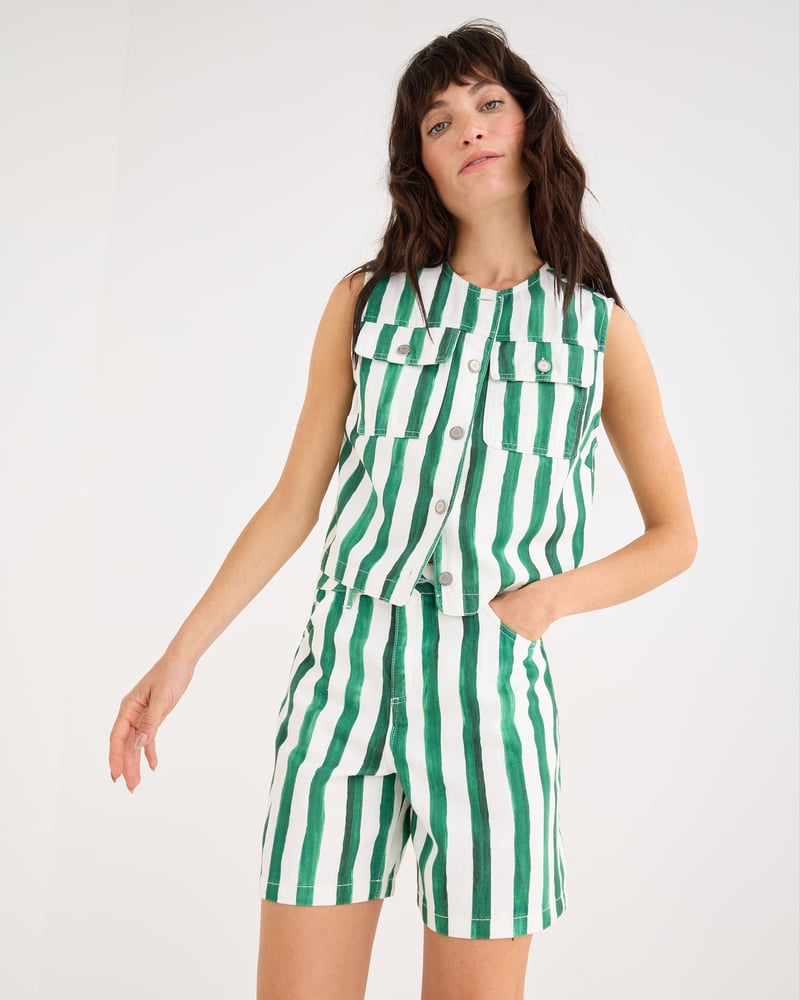 Green & White Striped Denim Waistcoat