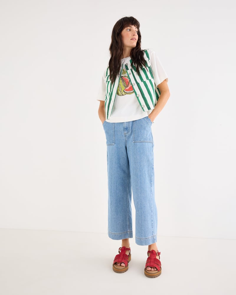 Green & White Striped Denim Waistcoat