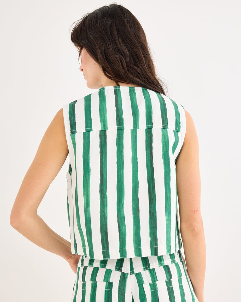 Green & White Striped Denim Waistcoat