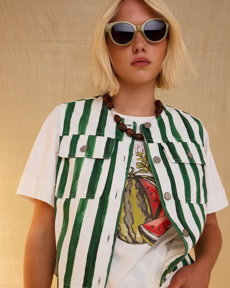 Green & White Striped Denim Waistcoat