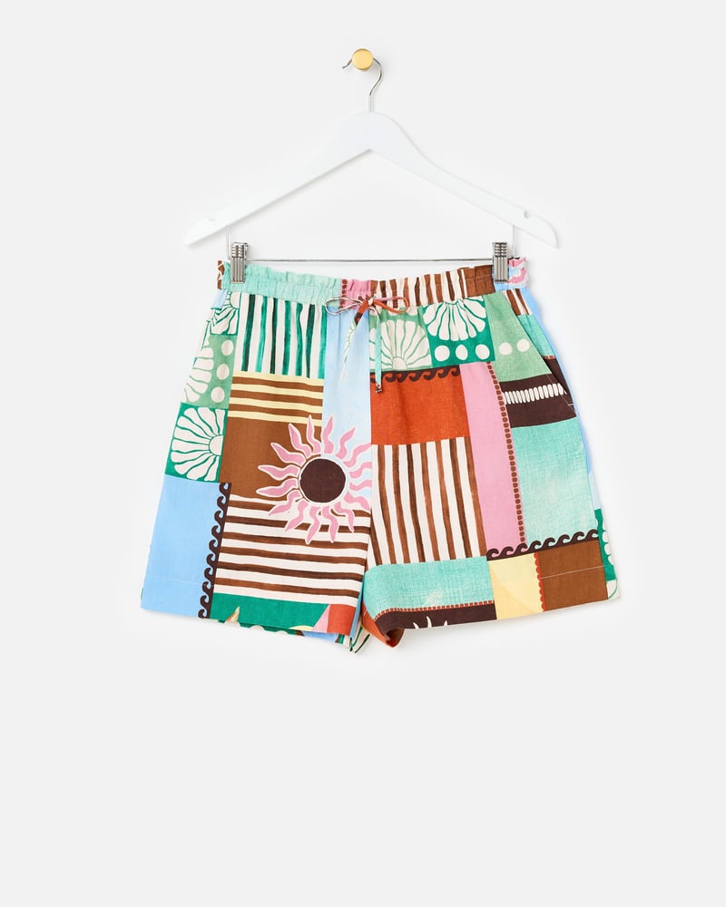 Patched Sun Print Tie Waist Shorts