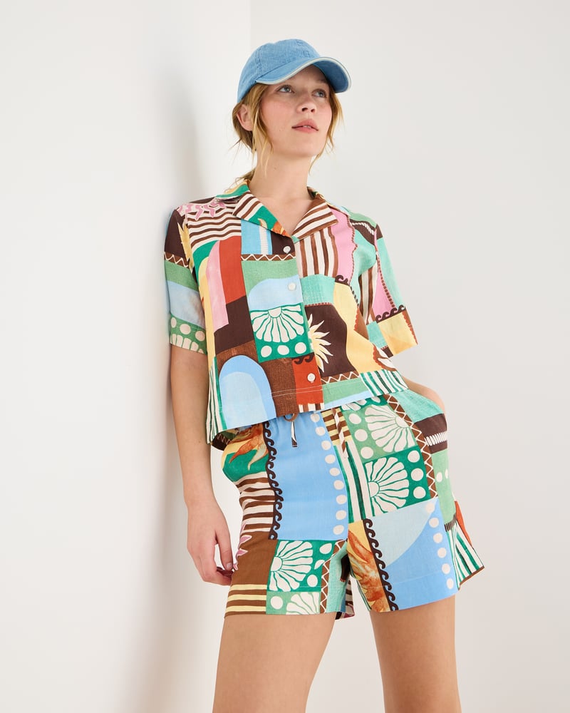 Patched Sun Print Tie Waist Shorts