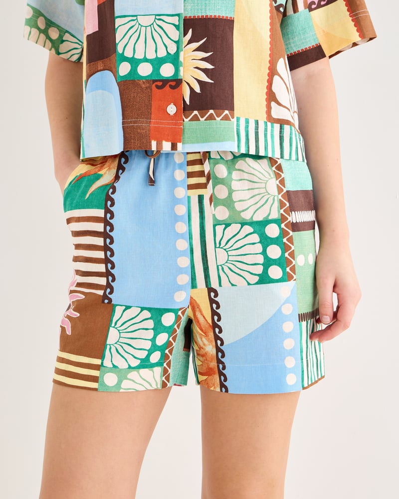 Patched Sun Print Tie Waist Shorts