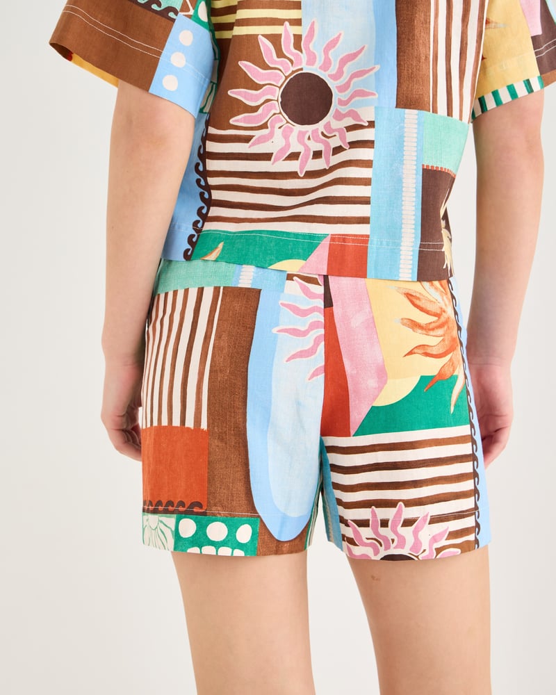 Patched Sun Print Tie Waist Shorts