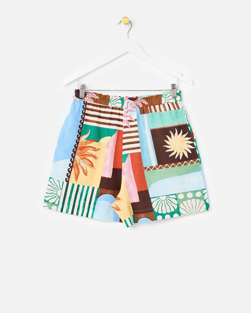 Patched Sun Print Tie Waist Shorts