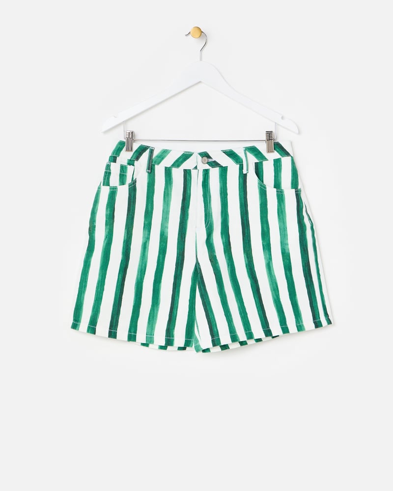 Green & White Striped Denim Shorts