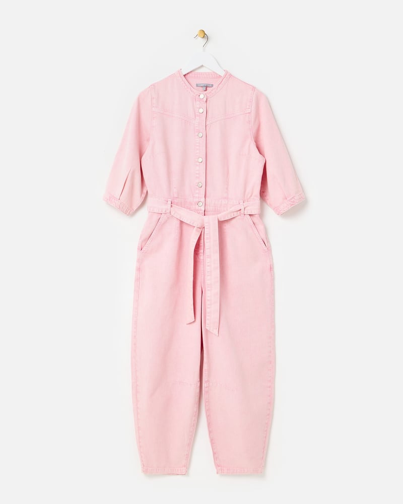 Light Pink Denim Button Up Tie Waist Jumpsuit