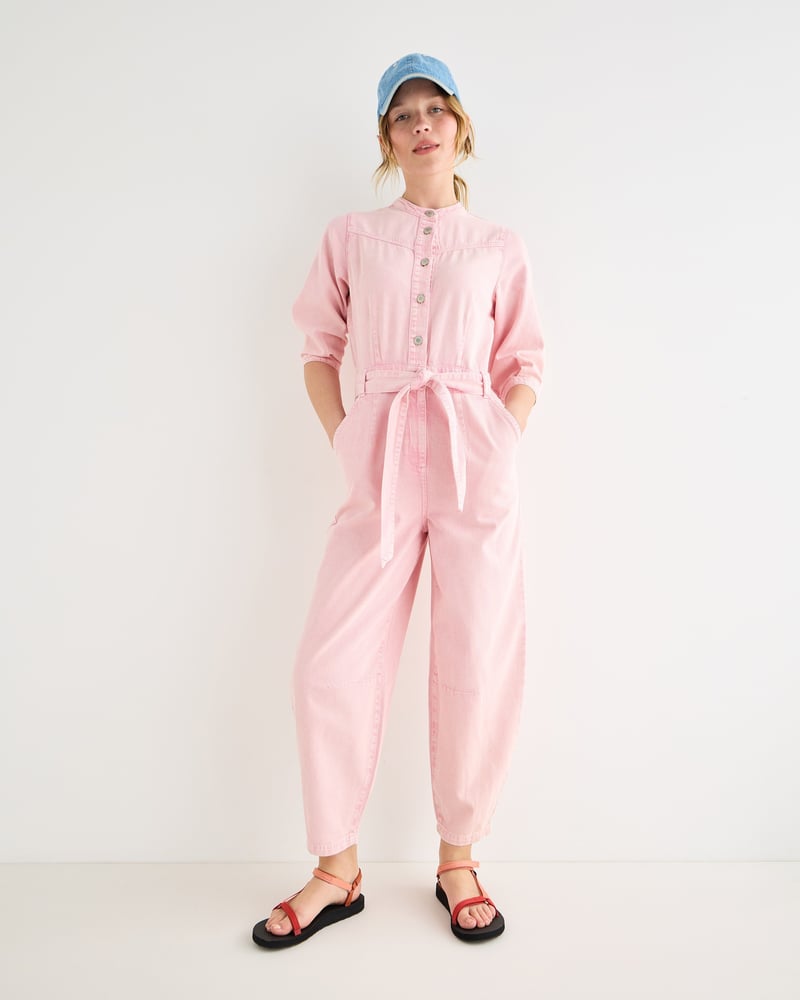 Light Pink Denim Button Up Tie Waist Jumpsuit
