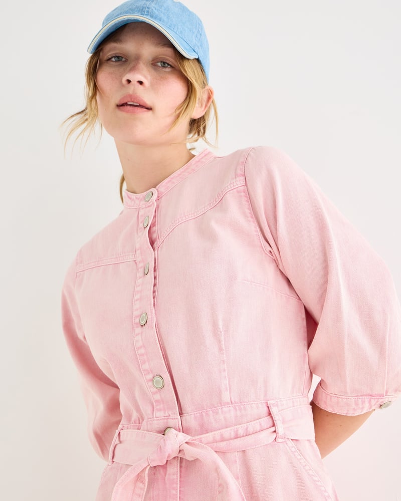 Light Pink Denim Button Up Tie Waist Jumpsuit