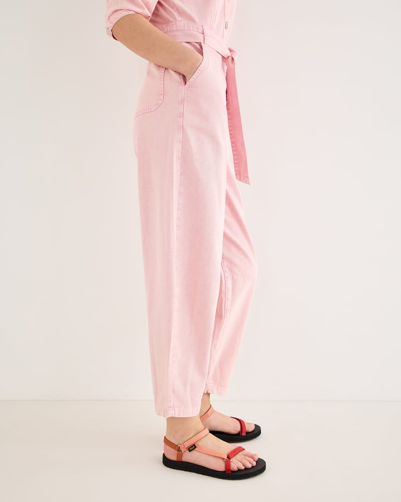 Light Pink Denim Button Up Tie Waist Jumpsuit