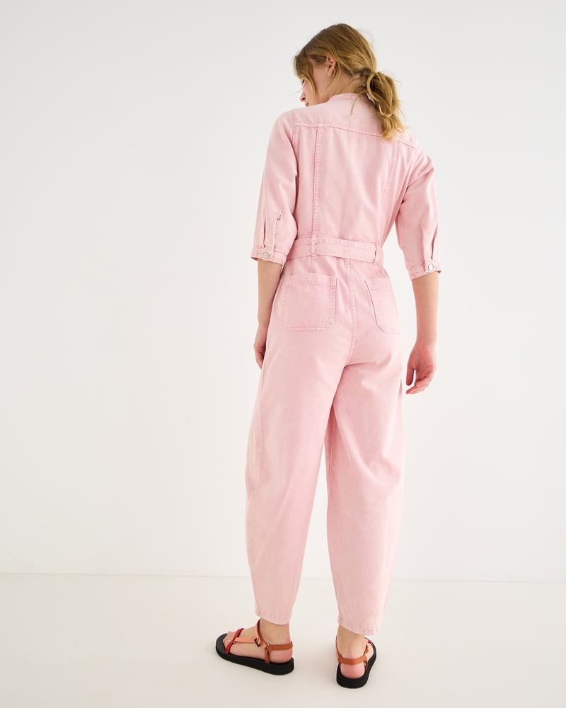Light Pink Denim Button Up Tie Waist Jumpsuit