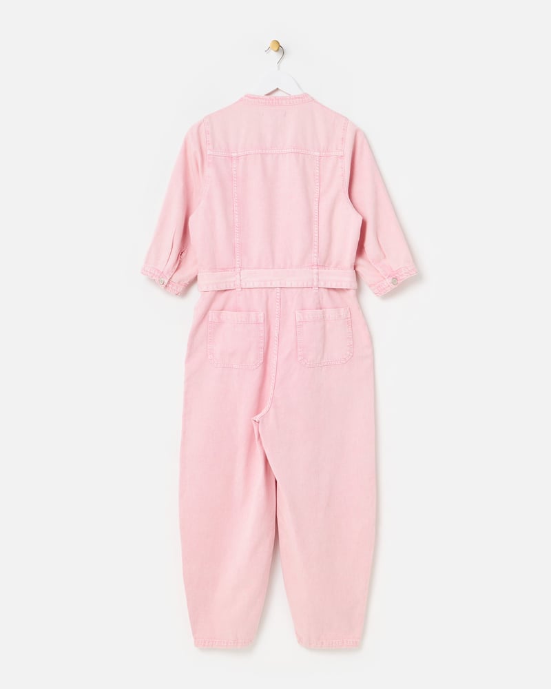 Light Pink Denim Button Up Tie Waist Jumpsuit