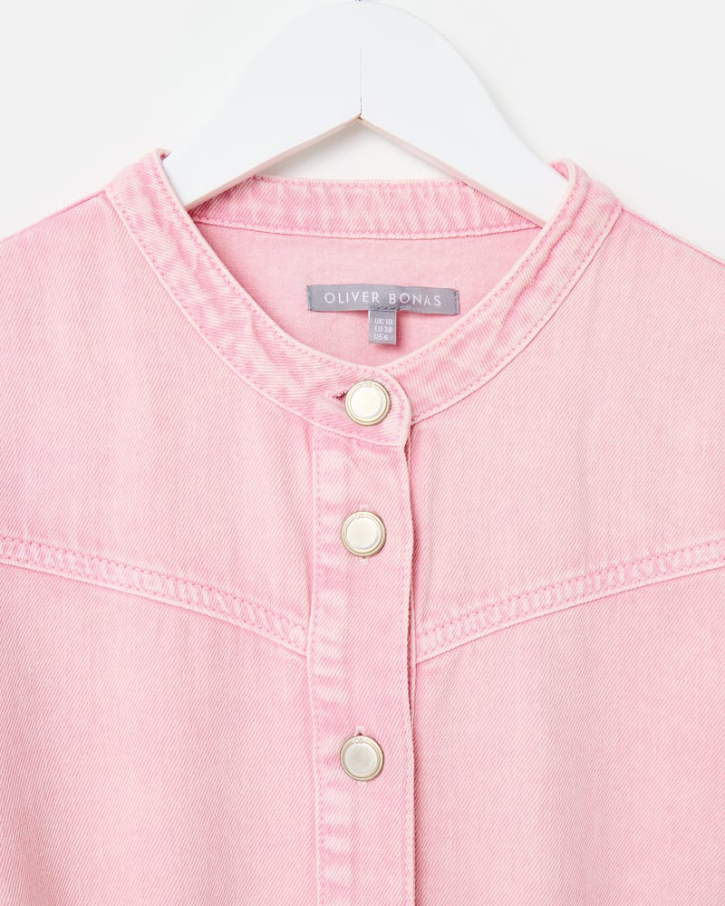 Light Pink Denim Button Up Tie Waist Jumpsuit