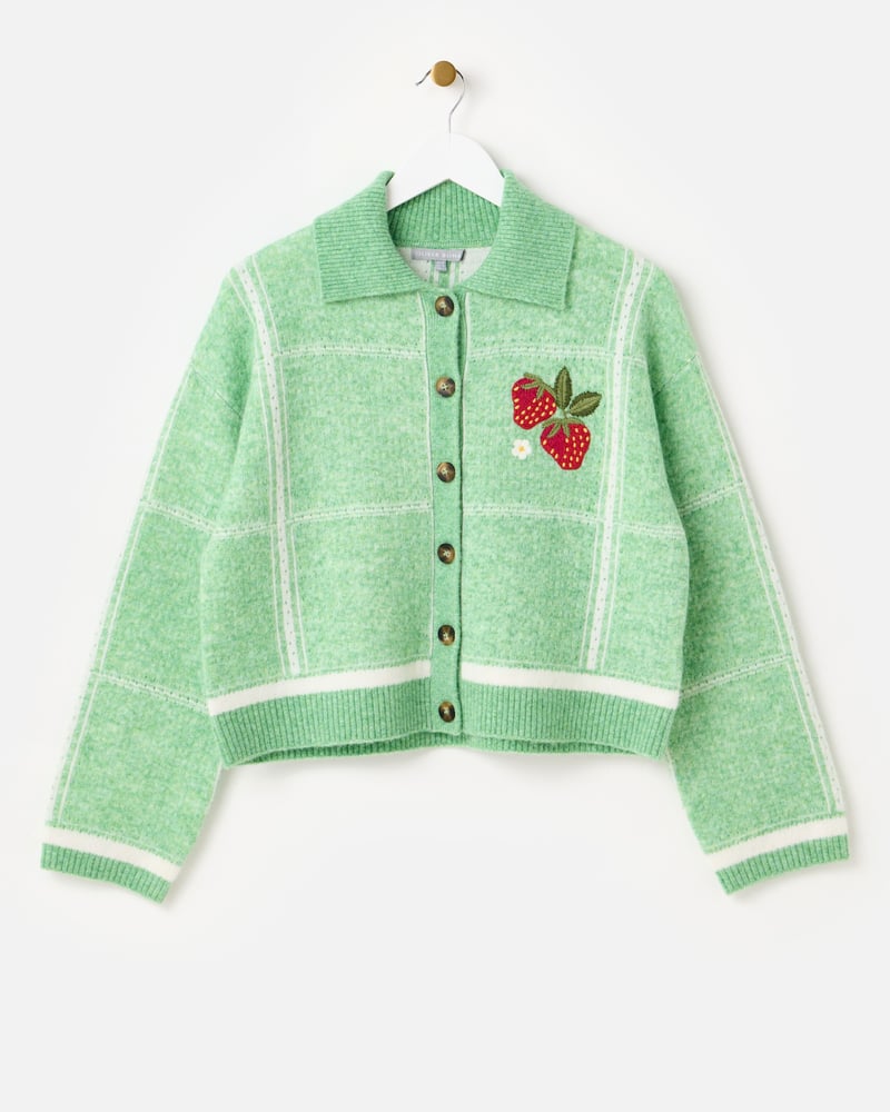 Green Checked Strawberry Embroidered Knitted Cardigan
