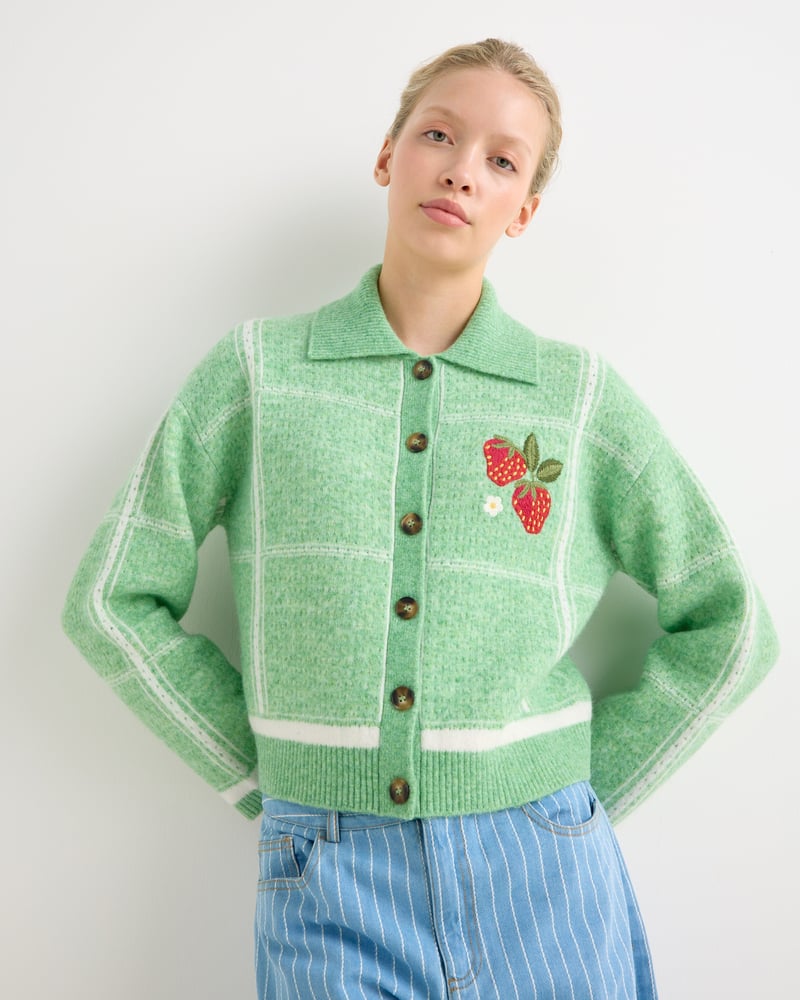 Green Checked Strawberry Embroidered Knitted Cardigan