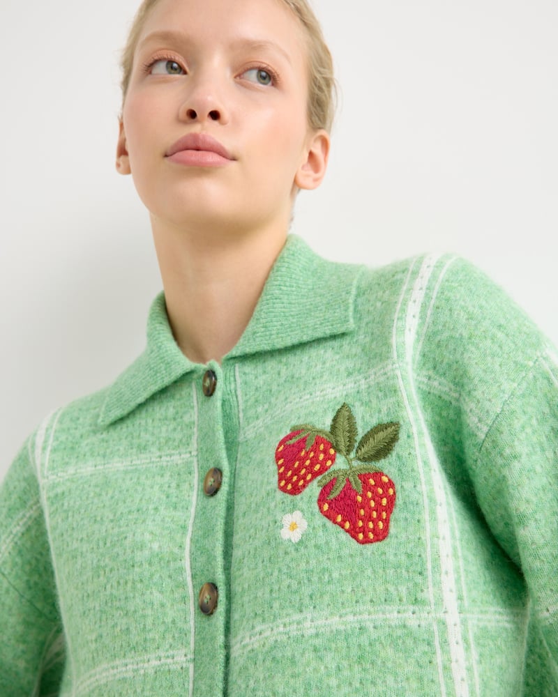 Green Checked Strawberry Embroidered Knitted Cardigan