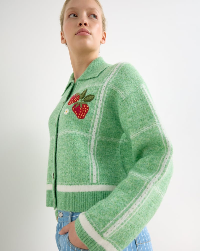 Green Checked Strawberry Embroidered Knitted Cardigan