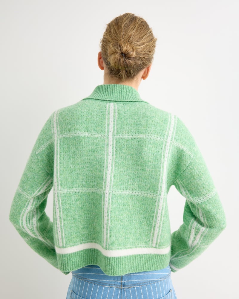 Green Checked Strawberry Embroidered Knitted Cardigan