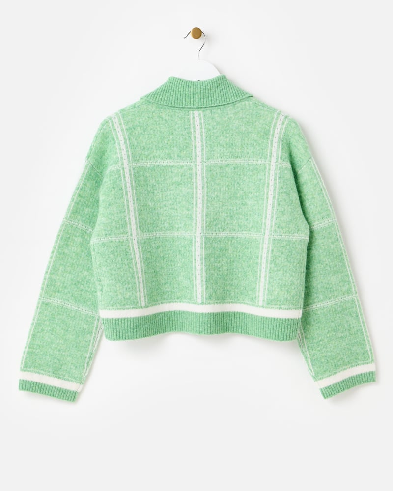 Green Checked Strawberry Embroidered Knitted Cardigan