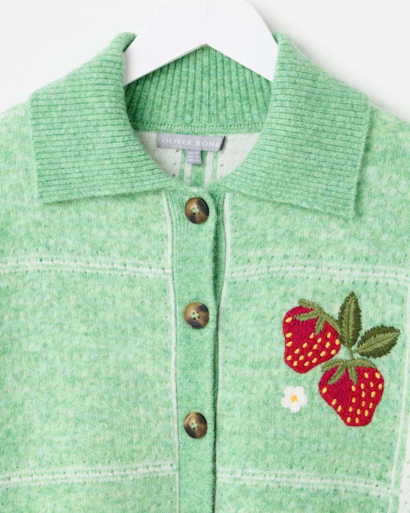 Green Checked Strawberry Embroidered Knitted Cardigan