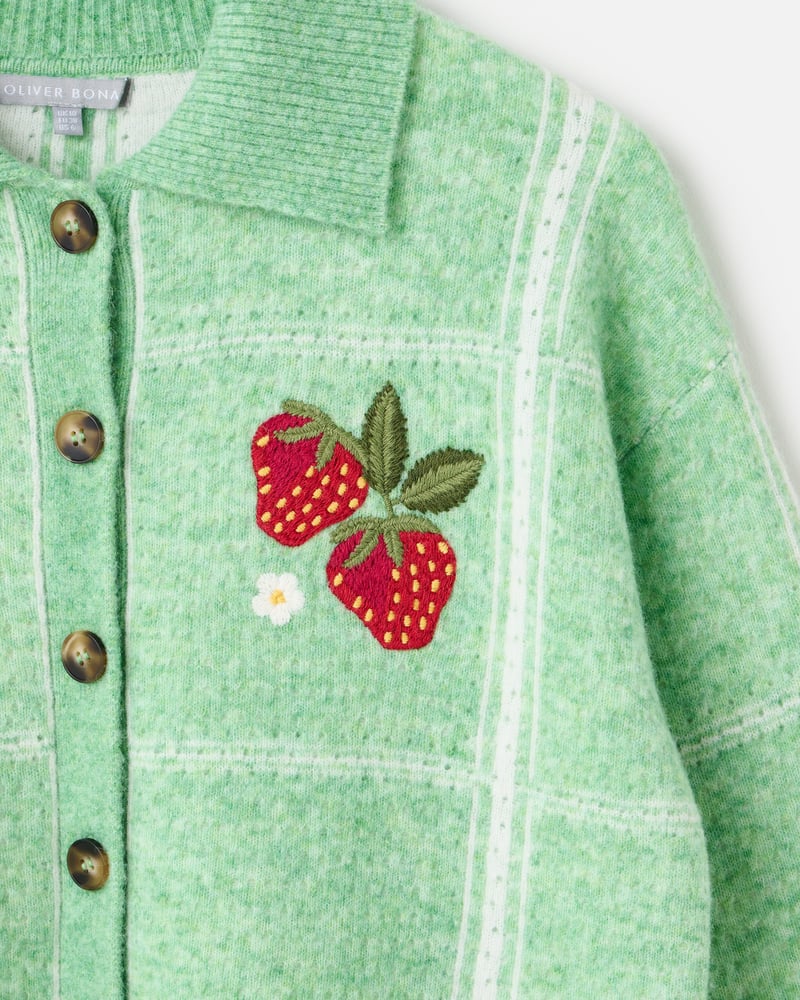 Green Checked Strawberry Embroidered Knitted Cardigan