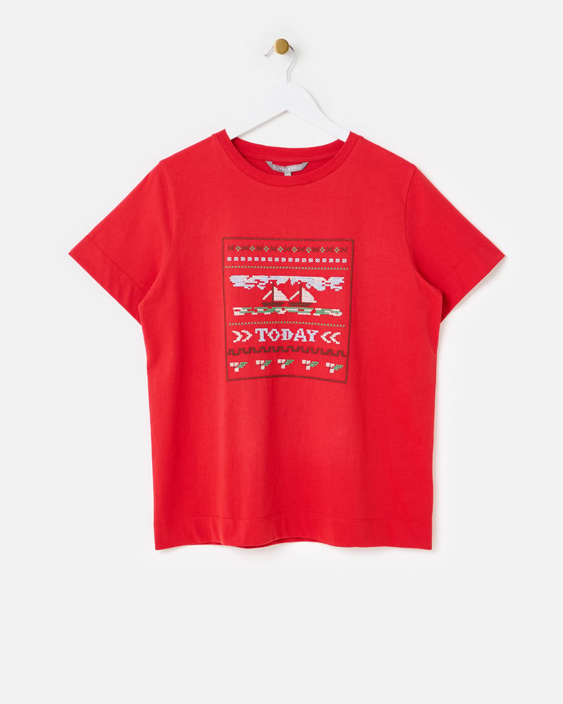 Red Today Cross Stitch Embroidered T-Shirt