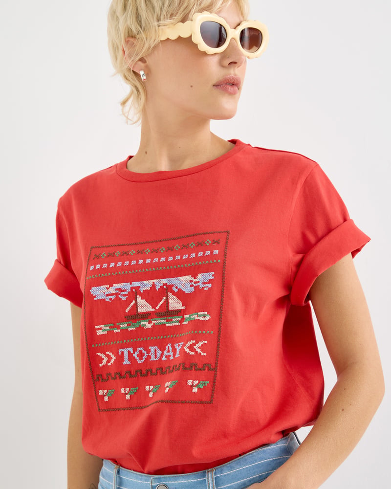 Red Today Cross Stitch Embroidered T-Shirt