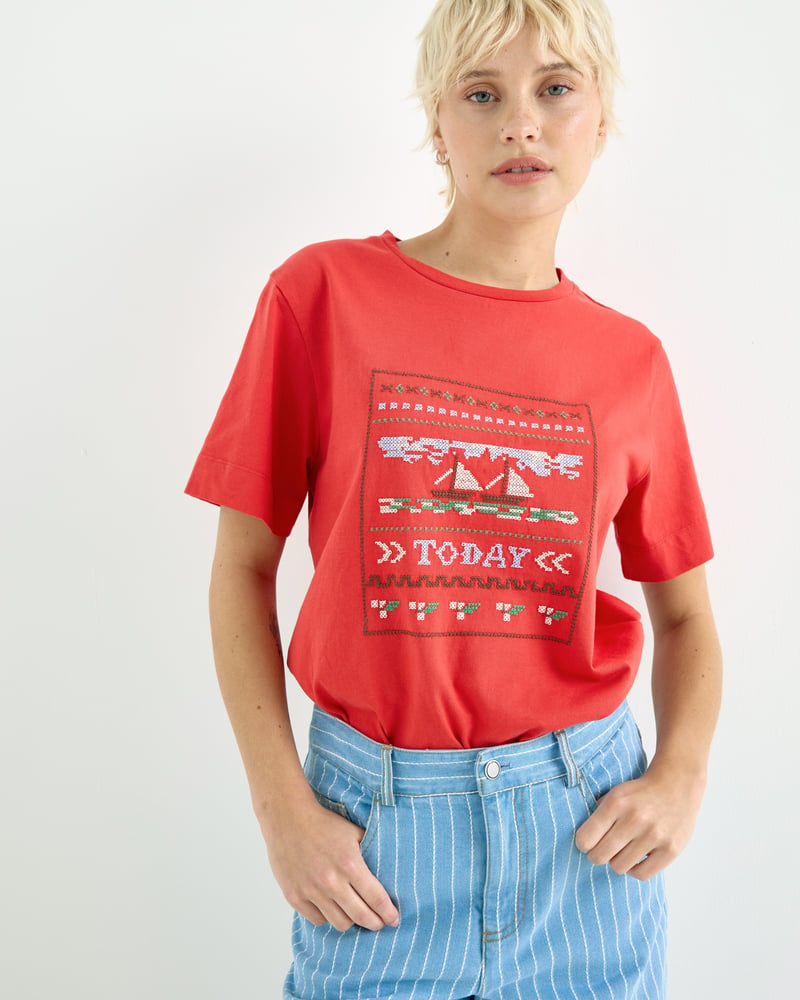 Red Today Cross Stitch Embroidered T-Shirt