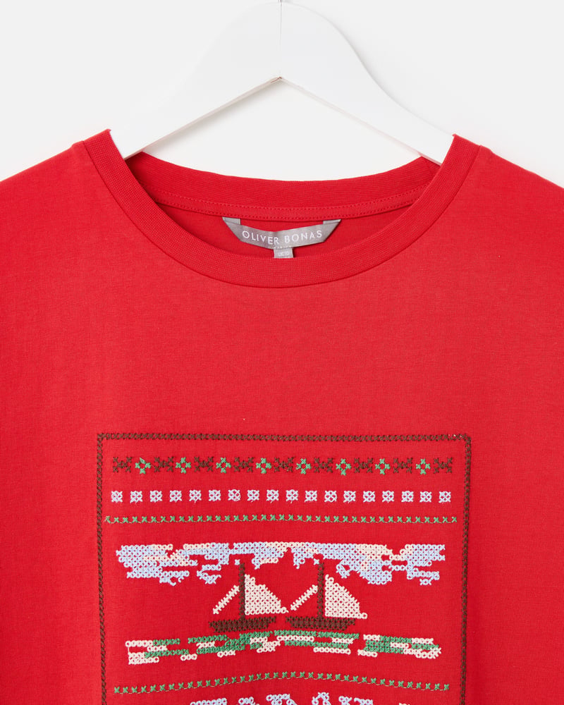 Red Today Cross Stitch Embroidered T-Shirt