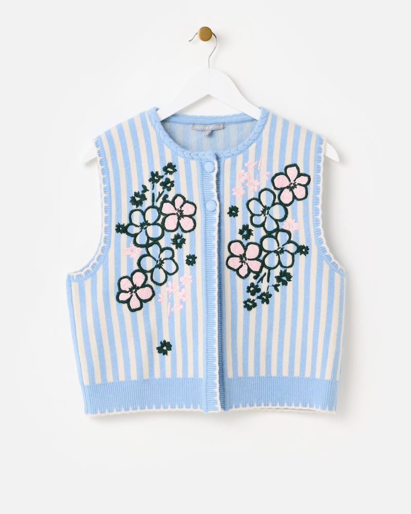 Blue & Cream Striped Floral Embroidered Knitted Waistcoat