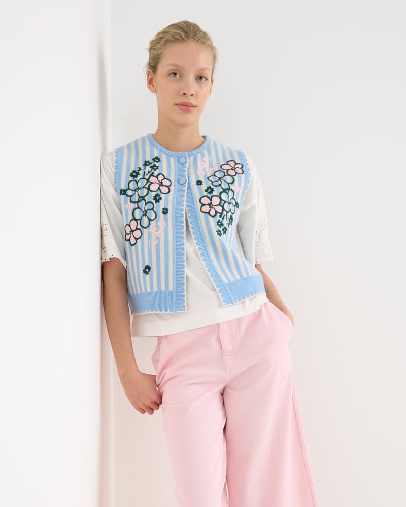 Blue & Cream Striped Floral Embroidered Knitted Waistcoat