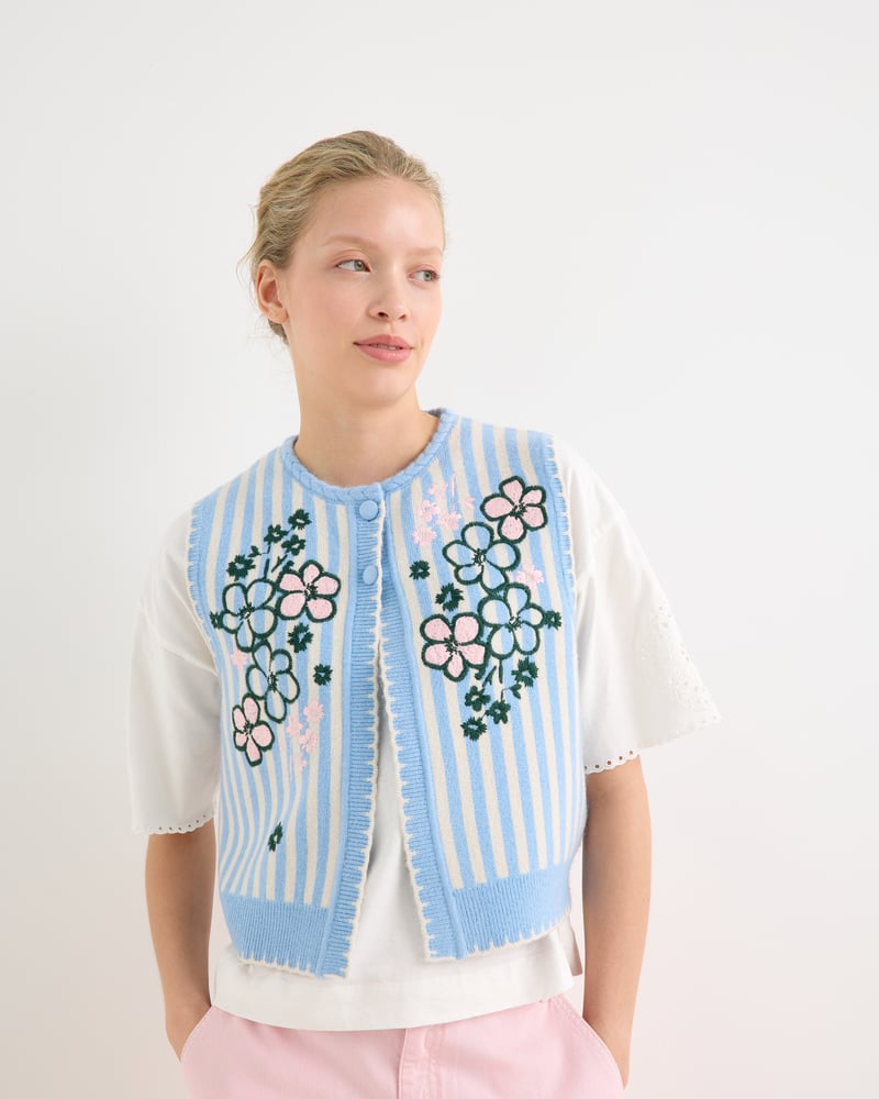 Blue & Cream Striped Floral Embroidered Knitted Waistcoat