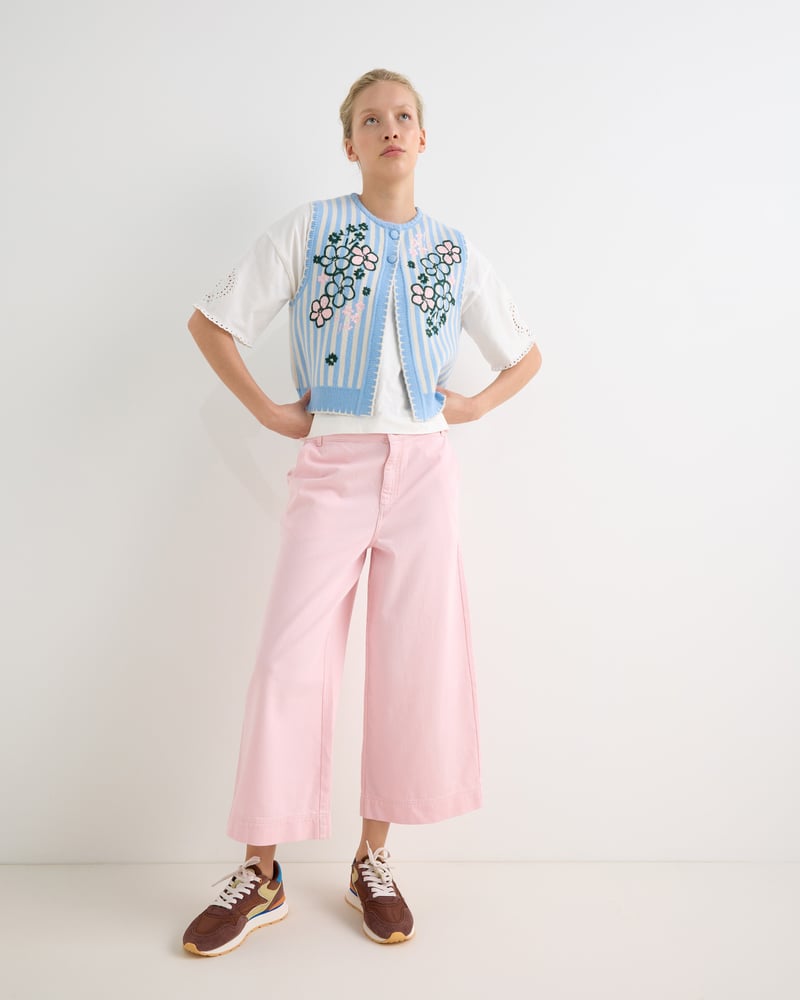 Blue & Cream Striped Floral Embroidered Knitted Waistcoat