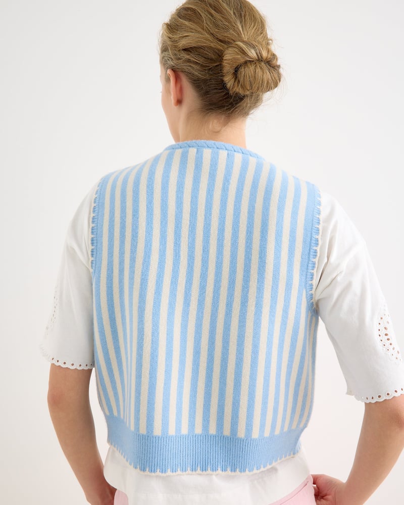 Blue & Cream Striped Floral Embroidered Knitted Waistcoat