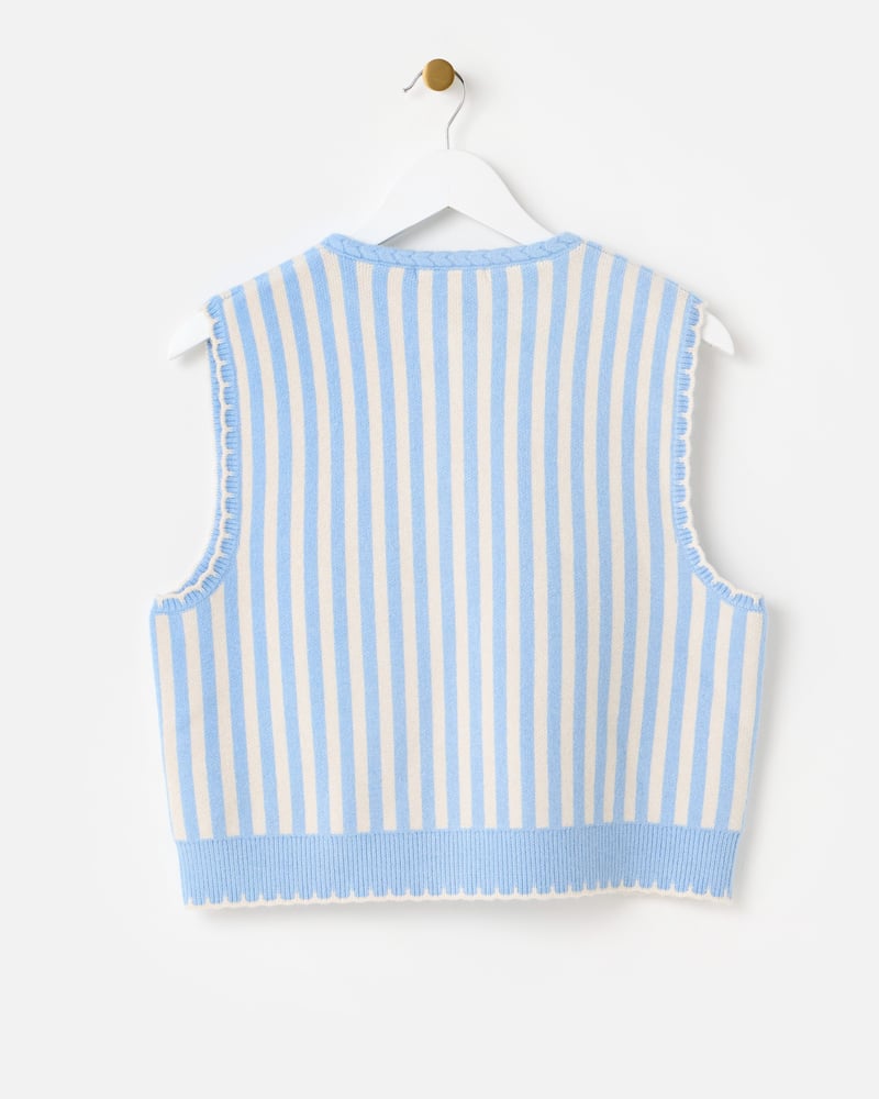 Blue & Cream Striped Floral Embroidered Knitted Waistcoat
