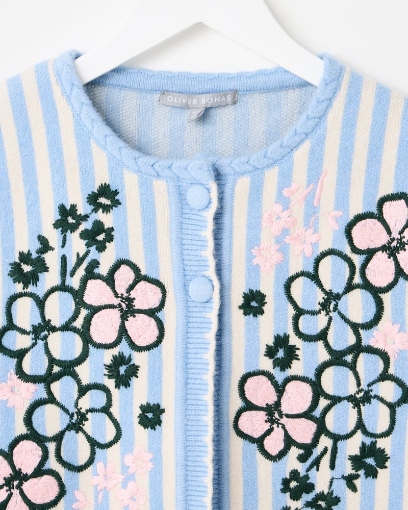 Blue & Cream Striped Floral Embroidered Knitted Waistcoat