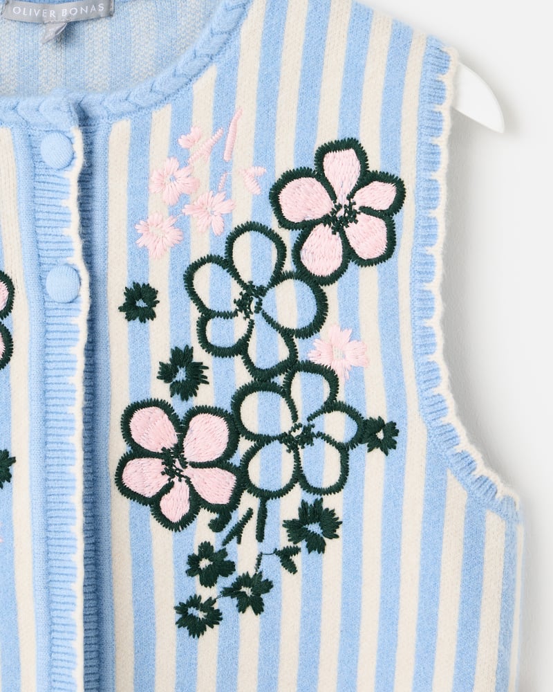 Blue & Cream Striped Floral Embroidered Knitted Waistcoat